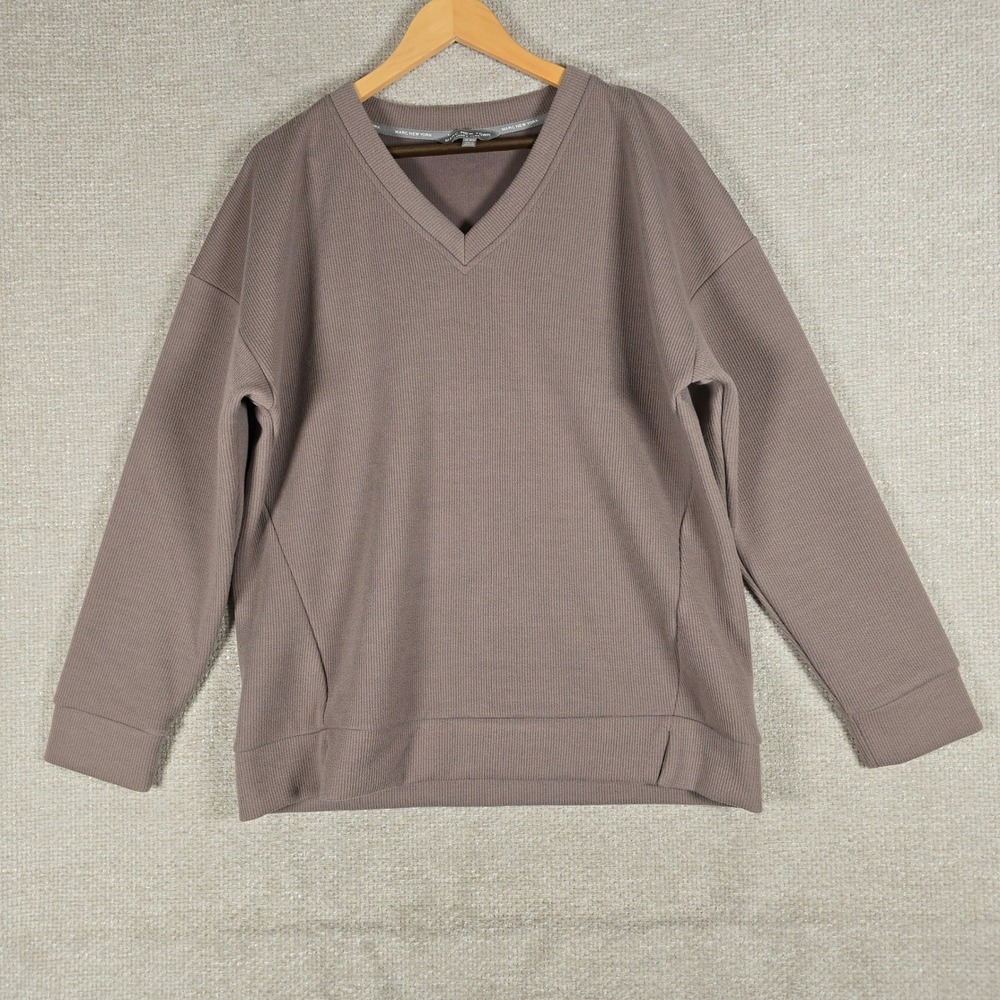 Marc New York Andrew Marc Womens XL V-Neck Ribbed Sweatshirt Taupe Mauve